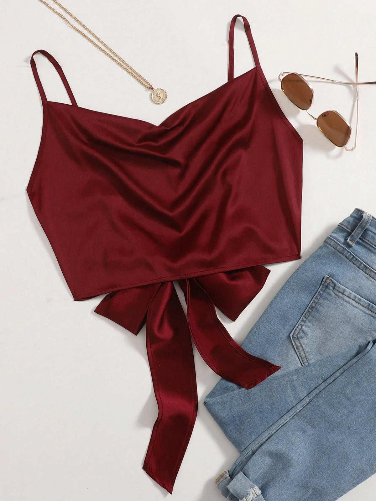 Privé Date Night Tie Back Satin Concert Crop Cami Top