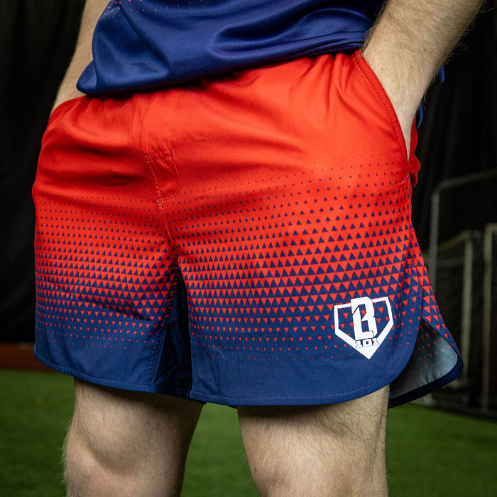Adult model wearing red Pro Series Prism shorts