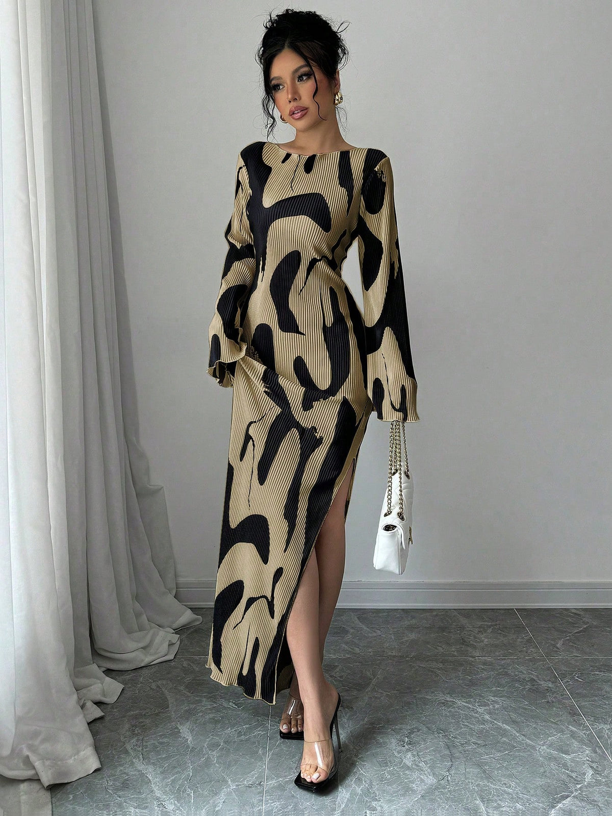 Raffinéa Women's Pattern Print Backless Cross Design Side Slit Dress, Fashionable And Elegant Fall Cloth For Women
