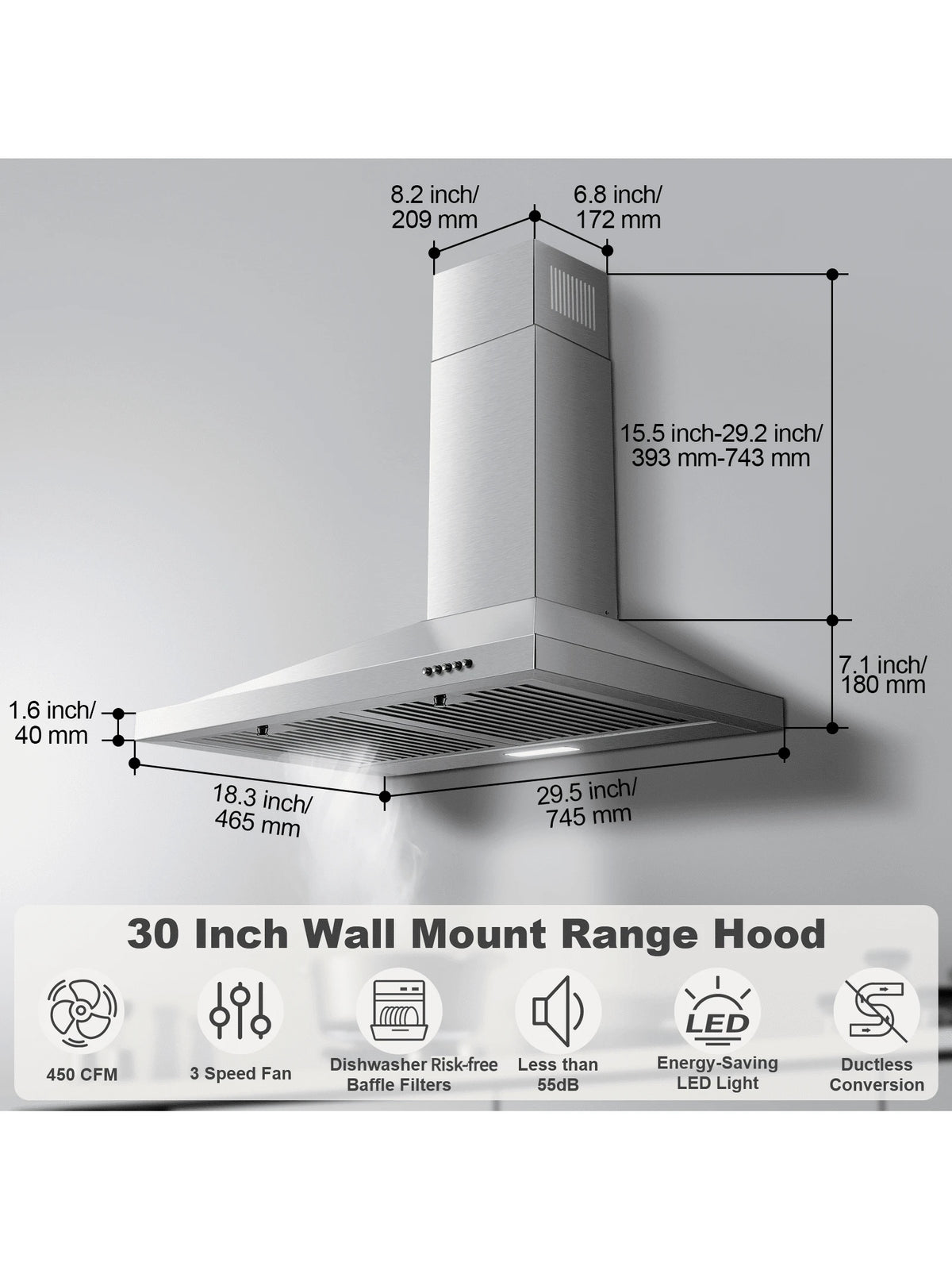Range Hood 30 Inch, Wall Mount Range Hood Ducted/Ductless, Kitchen Hood In Stainless Steel, Vent Hood With Baffle Filters, 3 Speed Fan, Push Button Control, LED Light
