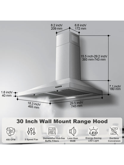 Range Hood 30 Inch, Wall Mount Range Hood Ducted/Ductless, Kitchen Hood In Stainless Steel, Vent Hood With Baffle Filters, 3 Speed Fan, Push Button Control, LED Light