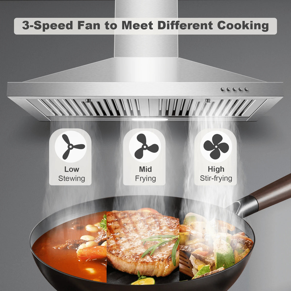 Range Hood 30 Inch, Wall Mount Range Hood Ducted/Ductless, Kitchen Hood In Stainless Steel, Vent Hood With Baffle Filters, 3 Speed Fan, Push Button Control, LED Light