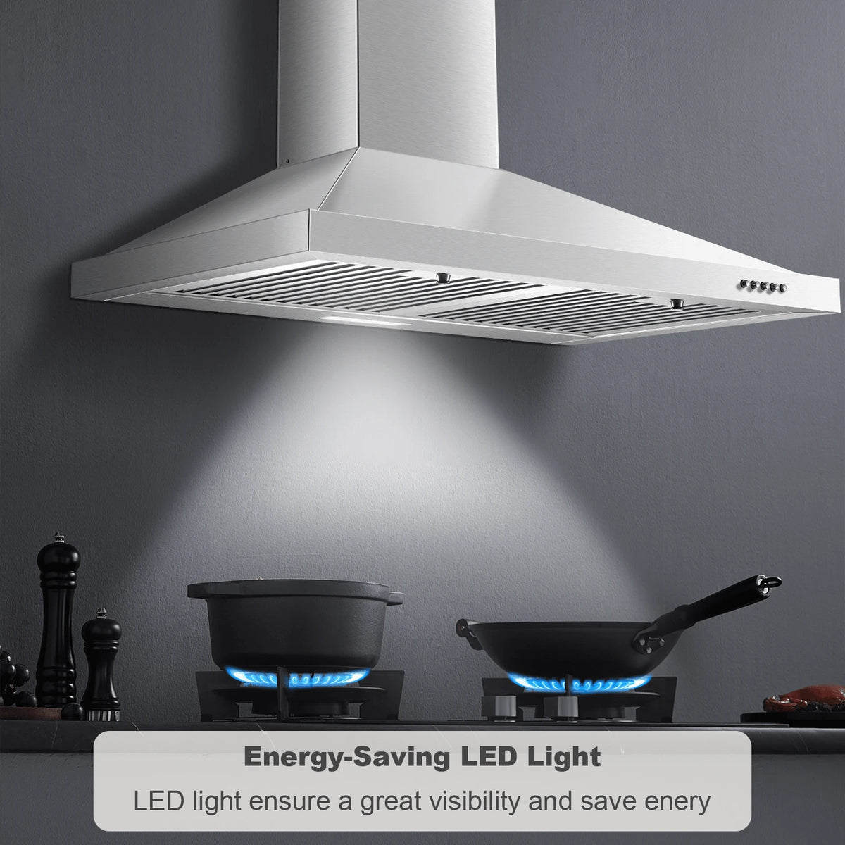 Range Hood 30 Inch, Wall Mount Range Hood Ducted/Ductless, Kitchen Hood In Stainless Steel, Vent Hood With Baffle Filters, 3 Speed Fan, Push Button Control, LED Light