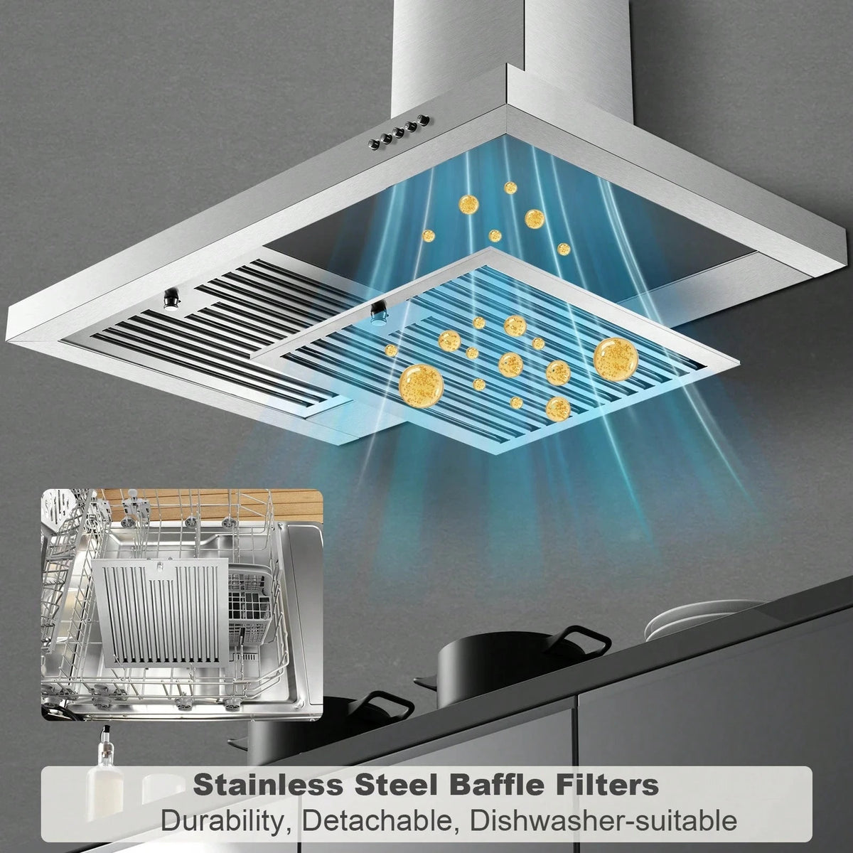 Range Hood 30 Inch, Wall Mount Range Hood Ducted/Ductless, Kitchen Hood In Stainless Steel, Vent Hood With Baffle Filters, 3 Speed Fan, Push Button Control, LED Light