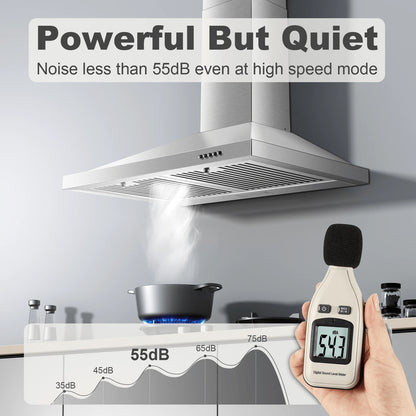 Range Hood 30 Inch, Wall Mount Range Hood Ducted/Ductless, Kitchen Hood In Stainless Steel, Vent Hood With Baffle Filters, 3 Speed Fan, Push Button Control, LED Light