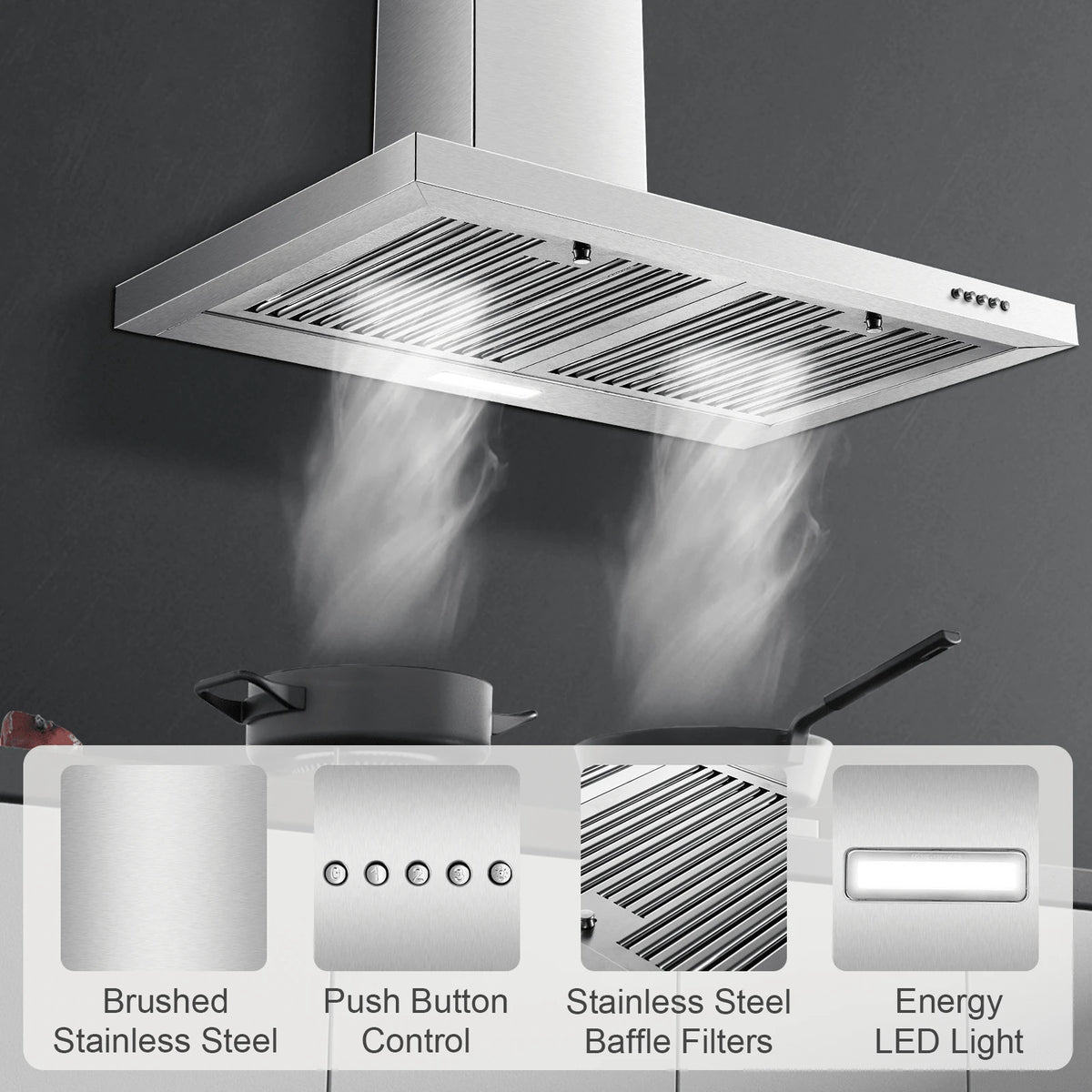 Range Hood 30 Inch, Wall Mount Range Hood Ducted/Ductless, Kitchen Hood In Stainless Steel, Vent Hood With Baffle Filters, 3 Speed Fan, Push Button Control, LED Light