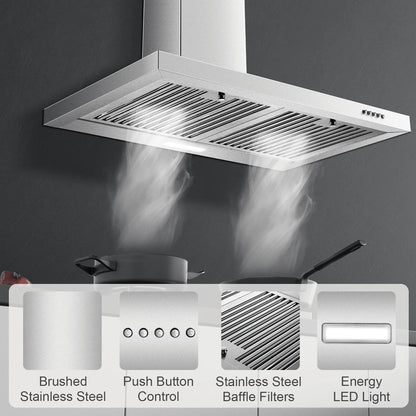 Range Hood 30 Inch, Wall Mount Range Hood Ducted/Ductless, Kitchen Hood In Stainless Steel, Vent Hood With Baffle Filters, 3 Speed Fan, Push Button Control, LED Light