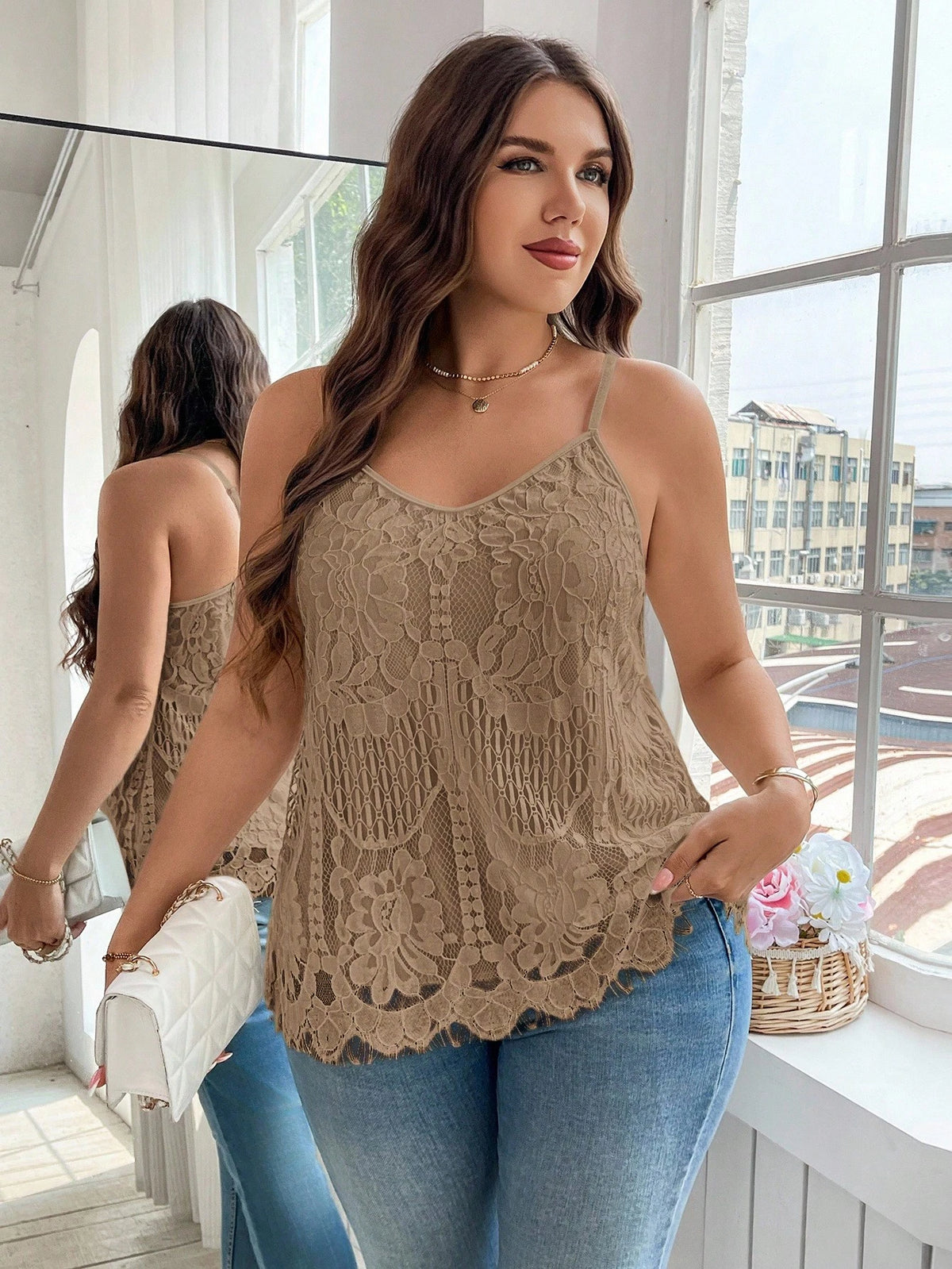 Reflora Plus Size Elegant Solid Color Lace Camisole Lace Tank Top Crochet Tank Brown Lace Top Light Brown Top Coffee Brown Top
