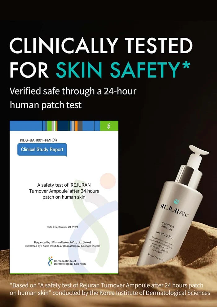 Rejuvenating skincare product with clinical study report on a dark background
