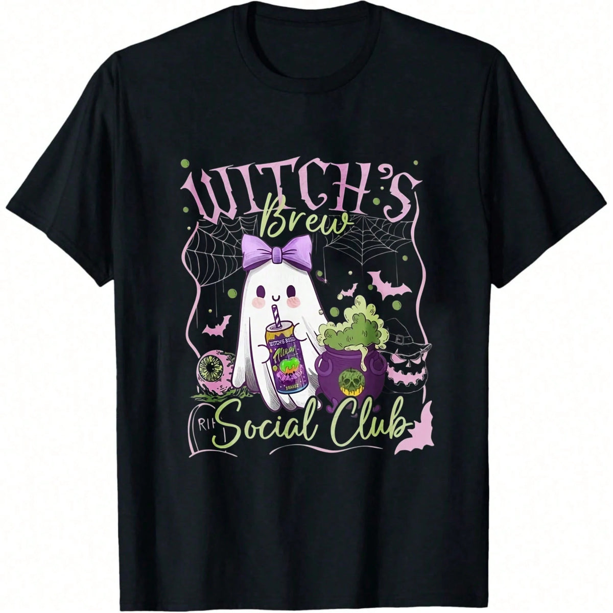 Relaxed Witch Ghost Print T-Shirt, Regular Fit Crew Neck, Retro Casual Crew Neck Printed T-Shirt, Suitable For Halloween.