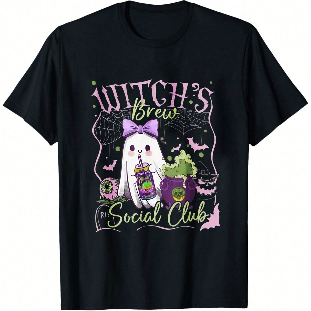 Relaxed Witch Ghost Print T-Shirt, Regular Fit Crew Neck, Retro Casual Crew Neck Printed T-Shirt, Suitable For Halloween.