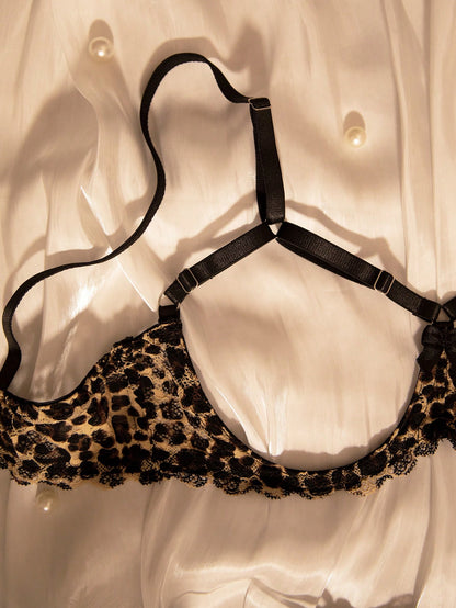 ROMWE Goth Leopard Print Lace Patchwork Mesh Crotchless Panties Women Sexy Lingerie Set