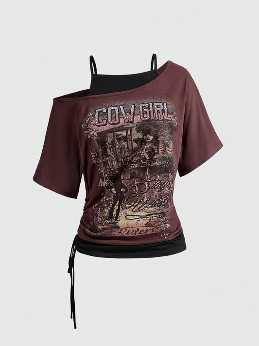 ROMWE Hippie Grunge-Punk Retro Printed Western Cowboy Pattern Asymmetrical Shoulder 2 In 1 Women T-Shirt, Women's Brown Patchwork Black 2 In 1 Printed T-Shirt