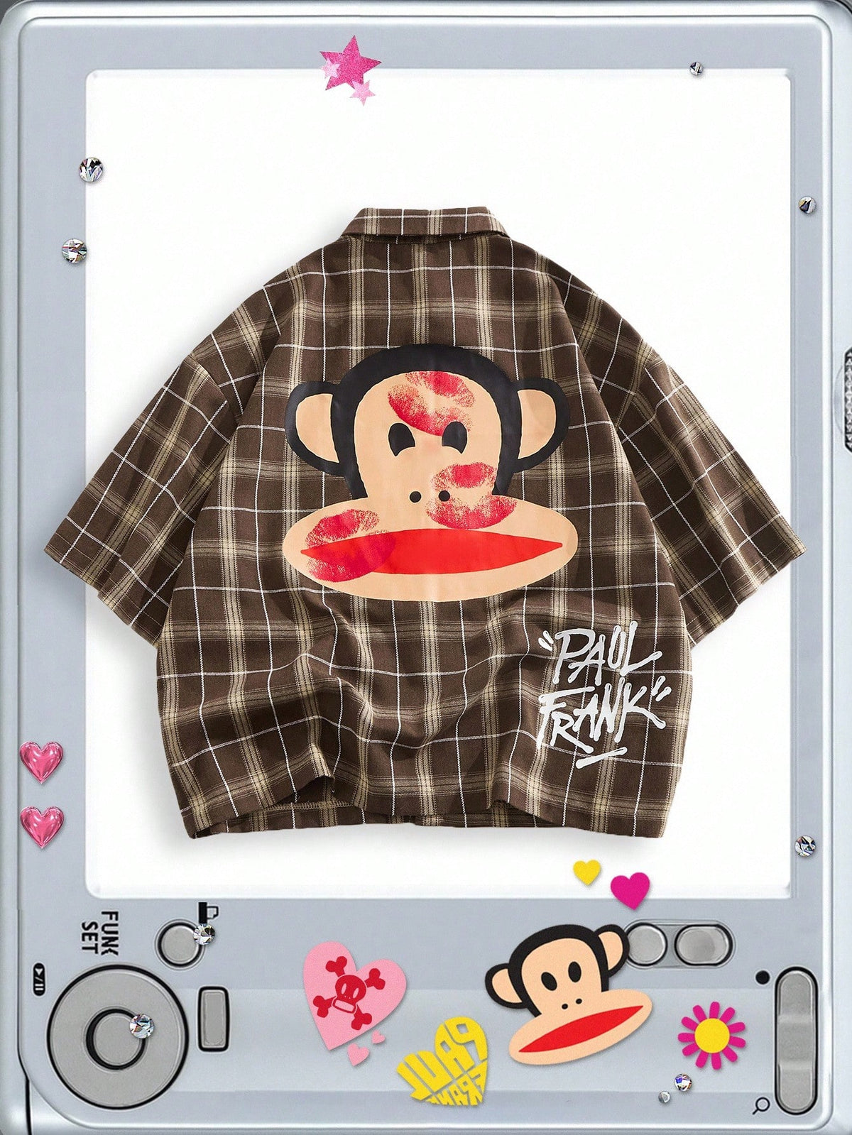 ROMWE MEN Paul Frank X ROMWE Spring/Summer Valentine 'Sday Casual Graphic White Men'S Plaid And Letter Graphic Button Front Summer Short Sleeve Shirt