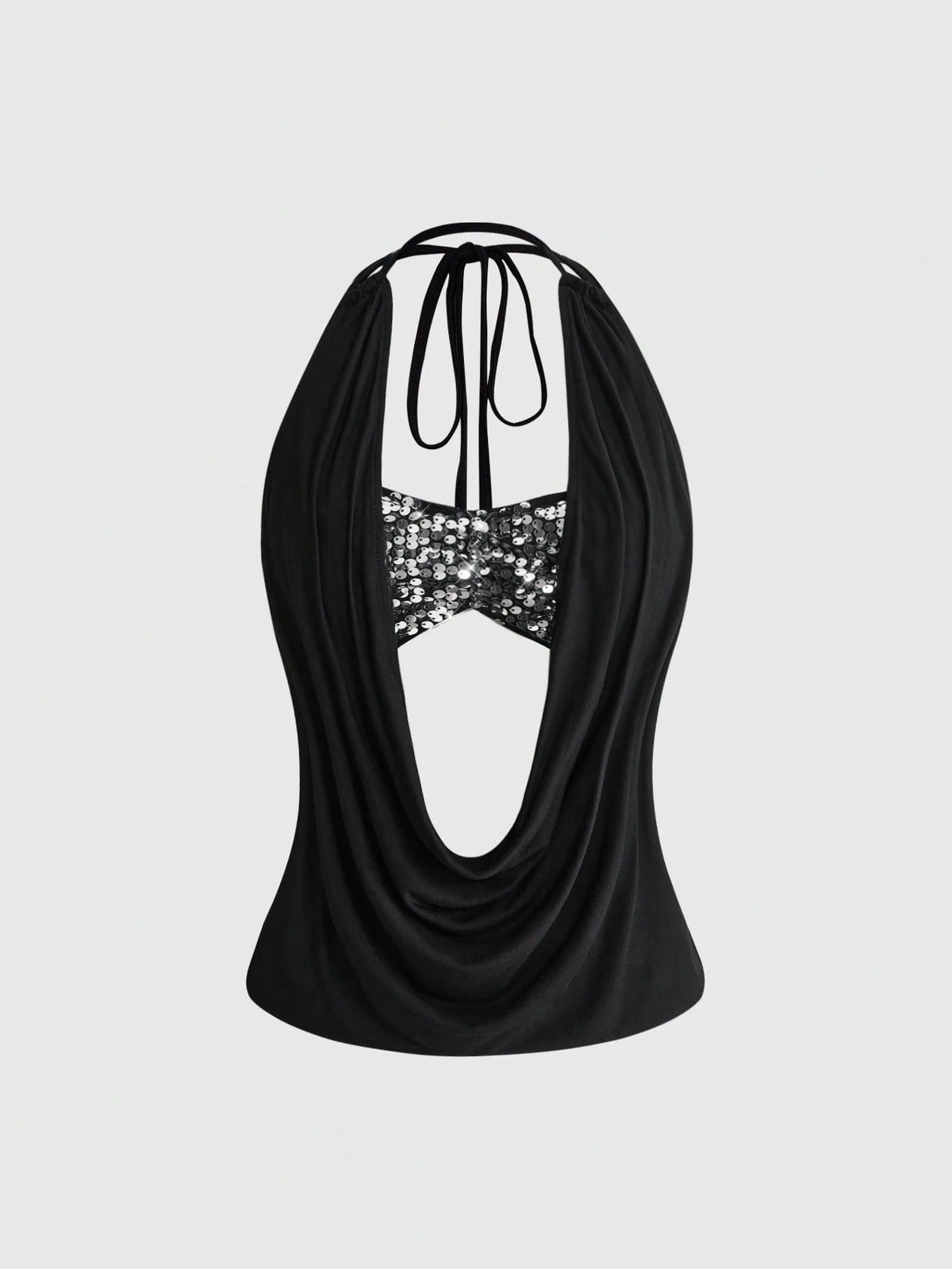 ROMWE Women's Y2K Sexy Deep Draped Neck Vintage Cowl Neck Sequin 2-Piece Backless Halter Tank Top (Includes Sequin Inner Layer)