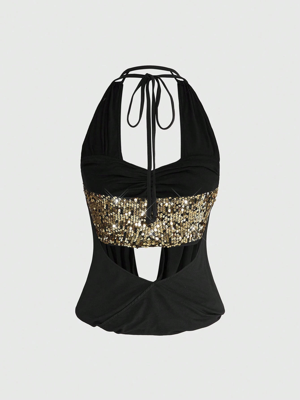 ROMWE Women's Y2K Sexy Deep Draped Neck Vintage Cowl Neck Sequin 2-Piece Backless Halter Tank Top (Includes Sequin Inner Layer)