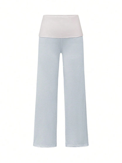 SCARLUX Fall Y2K Women Basic Contrasting Color Striped Wide Leg Pants, Fold Over Waist Loose Trousers For Back To School Daily Casual Street Outfits