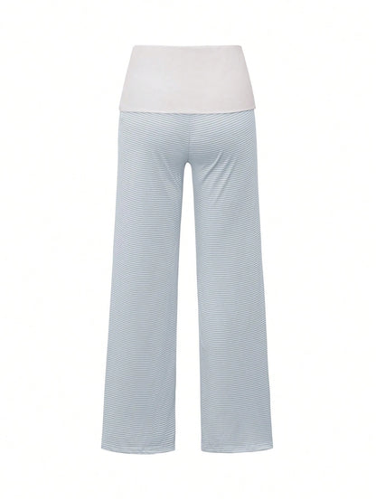 SCARLUX Fall Y2K Women Basic Contrasting Color Striped Wide Leg Pants, Fold Over Waist Loose Trousers For Back To School Daily Casual Street Outfits