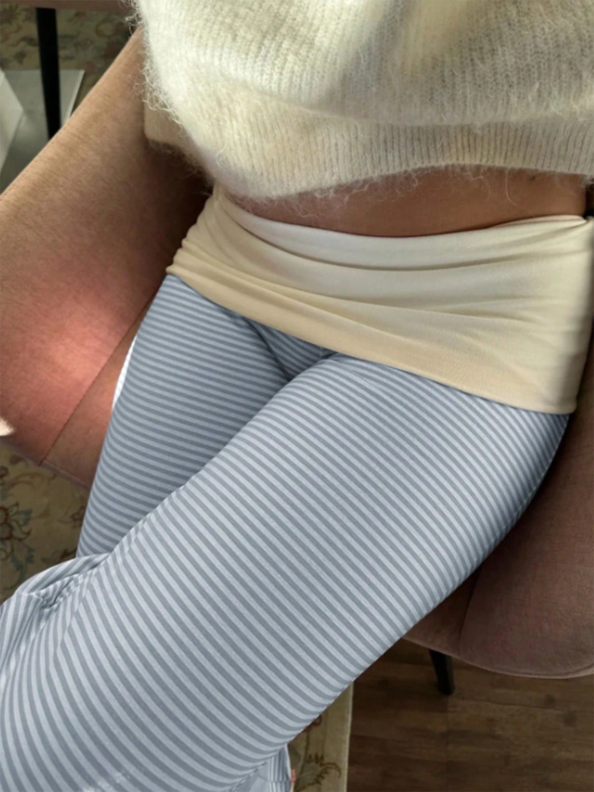 SCARLUX Fall Y2K Women Basic Contrasting Color Striped Wide Leg Pants, Fold Over Waist Loose Trousers For Back To School Daily Casual Street Outfits