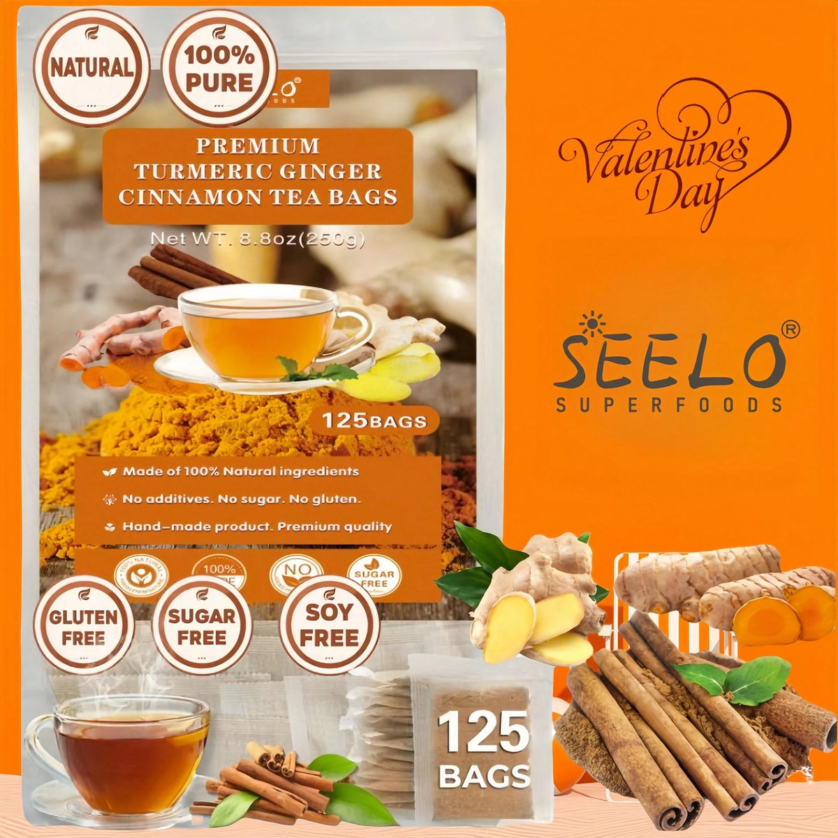 Seelo (125bags, 250g) Premium Turmeric, Ginger, Cinnamon Blend Tea Bags, Natural & No Additives & Caffeine Free.