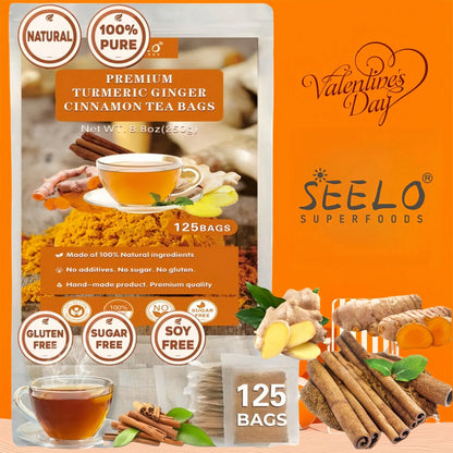 Seelo (125bags, 250g) Premium Turmeric, Ginger, Cinnamon Blend Tea Bags, Natural & No Additives & Caffeine Free.