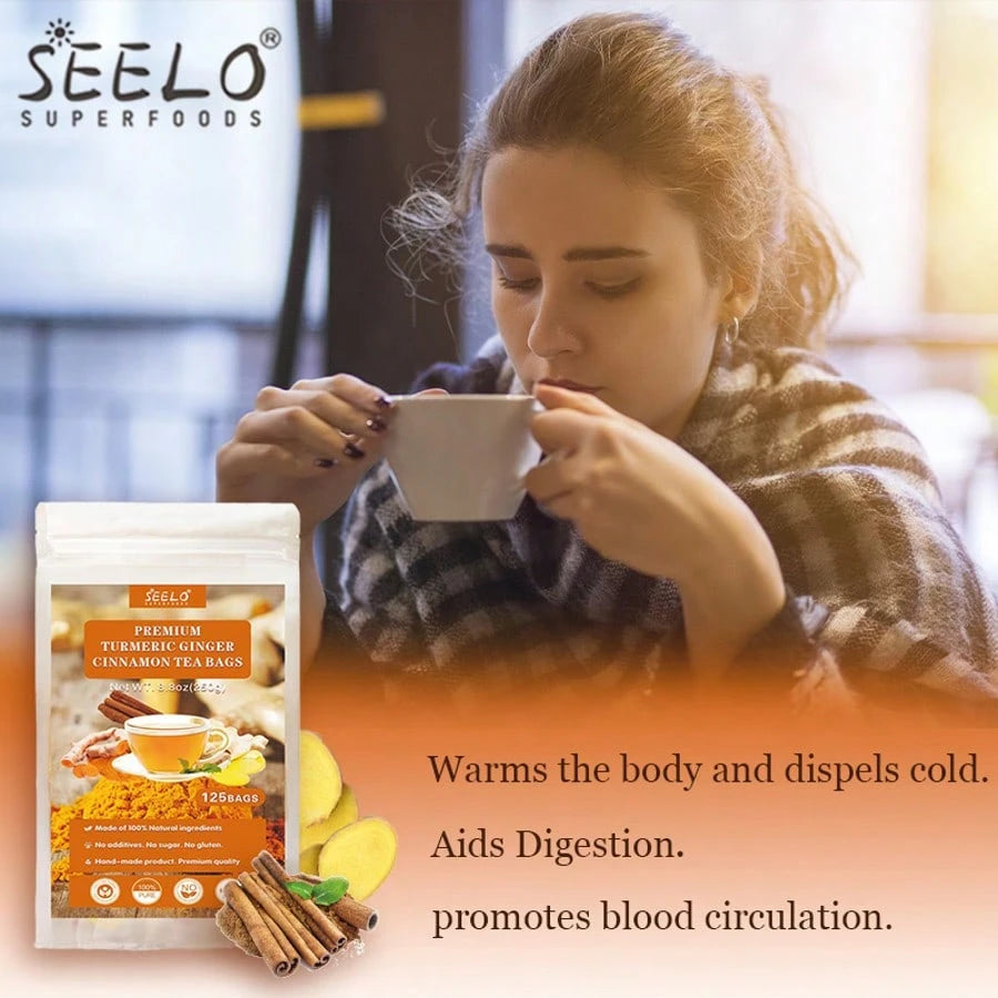 Seelo (125bags, 250g) Premium Turmeric, Ginger, Cinnamon Blend Tea Bags, Natural & No Additives & Caffeine Free.
