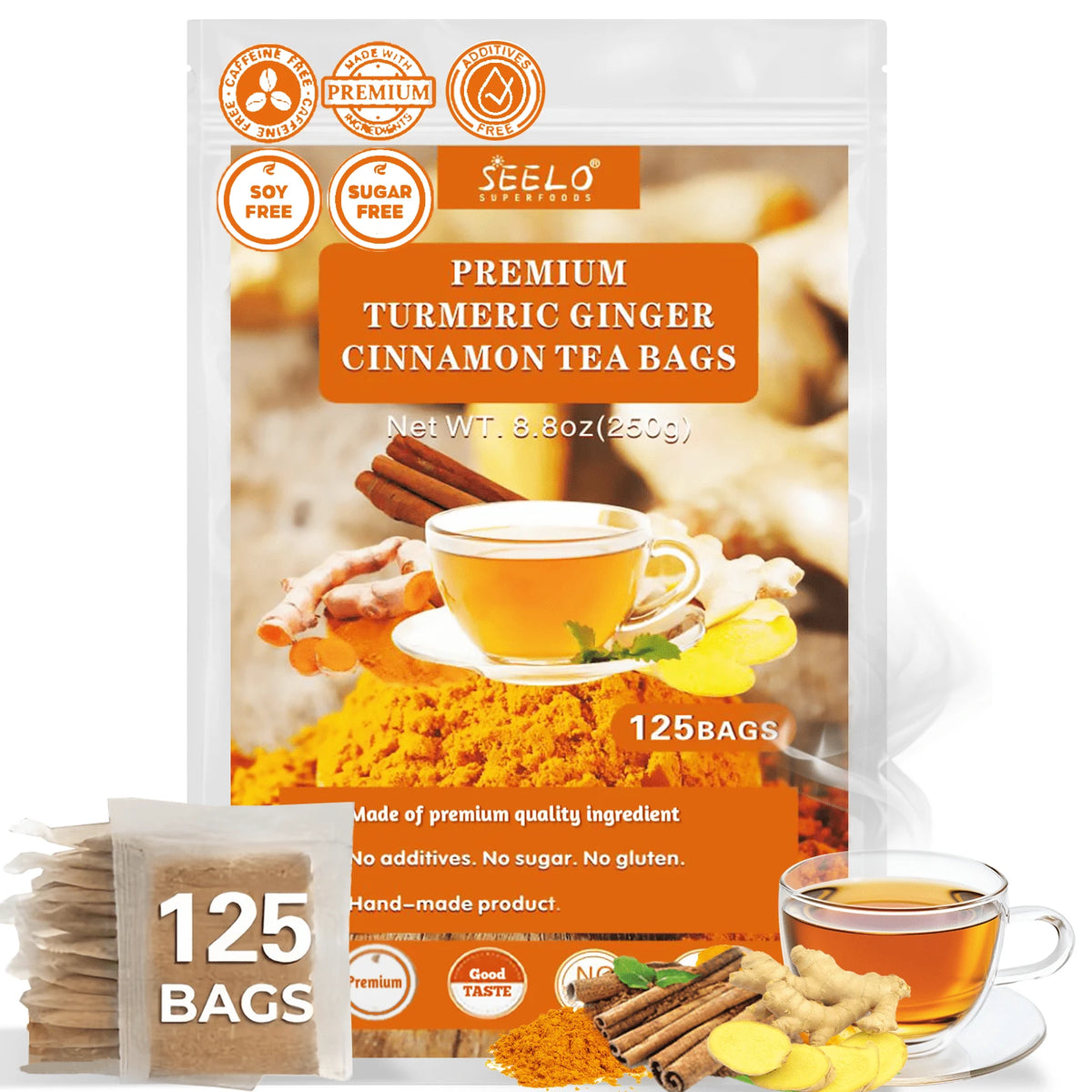 Seelo (125bags, 250g) Premium Turmeric, Ginger, Cinnamon Blend Tea Bags, Natural & No Additives & Caffeine Free.