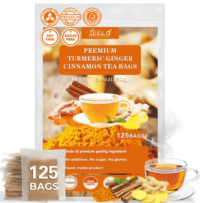 Seelo (125bags, 250g) Premium Turmeric, Ginger, Cinnamon Blend Tea Bags, Natural & No Additives & Caffeine Free.