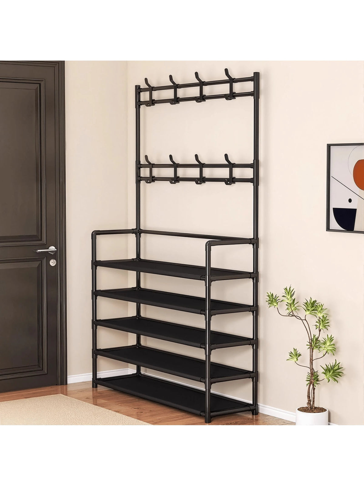 Senmeo 5-Tier Multifunctional Metal Shoe Rack, Storage Shelf, Coat And Shoe Organizer With 8 Double Hooks And 10 Shoe Covers, Suitable For Bedroom, Living Room,Entryway, And Office, Easy Assembly, Sho