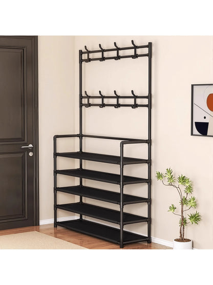 Senmeo 5-Tier Multifunctional Metal Shoe Rack, Storage Shelf, Coat And Shoe Organizer With 8 Double Hooks And 10 Shoe Covers, Suitable For Bedroom, Living Room,Entryway, And Office, Easy Assembly, Sho