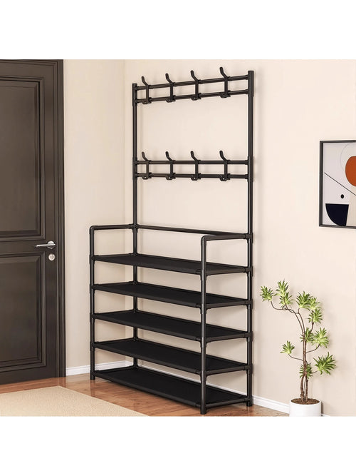 Senmeo 5-Tier Multifunctional Metal Shoe Rack, Storage Shelf, Coat And Shoe Organizer With 8 Double Hooks And 10 Shoe Covers, Suitable For Bedroom, Living Room,Entryway, And Office, Easy Assembly, Sho