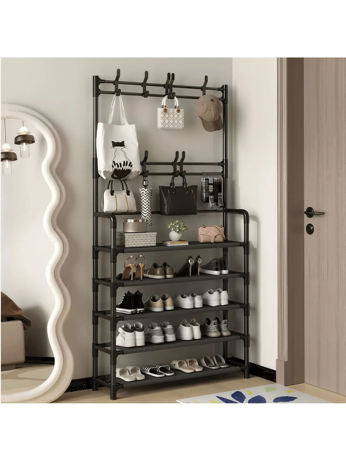 Senmeo 5-Tier Multifunctional Metal Shoe Rack, Storage Shelf, Coat And Shoe Organizer With 8 Double Hooks And 10 Shoe Covers, Suitable For Bedroom, Living Room,Entryway, And Office, Easy Assembly, Sho