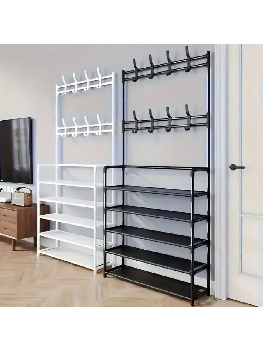 Senmeo 5-Tier Multifunctional Metal Shoe Rack, Storage Shelf, Coat And Shoe Organizer With 8 Double Hooks And 10 Shoe Covers, Suitable For Bedroom, Living Room,Entryway, And Office, Easy Assembly, Sho