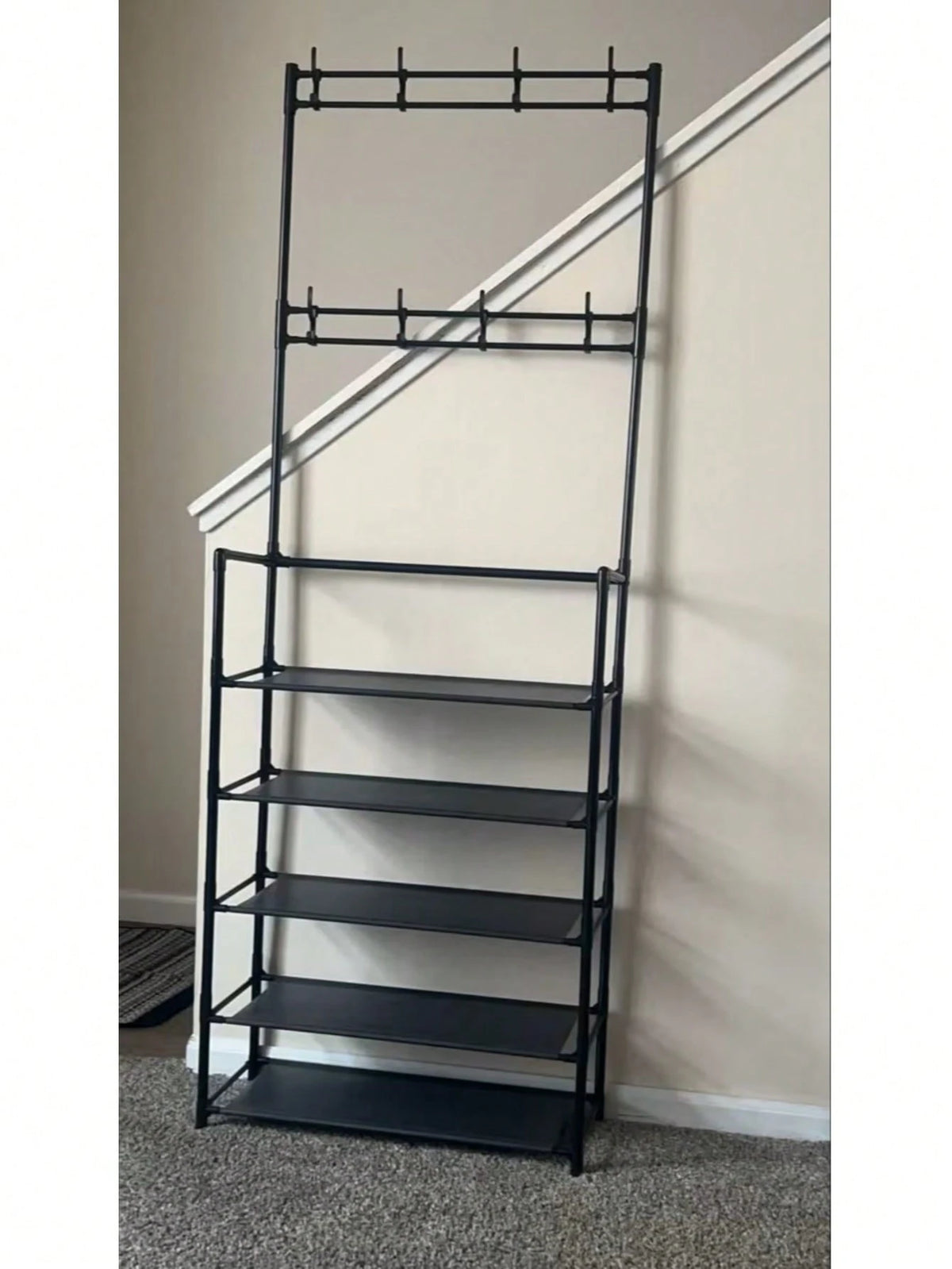 Senmeo 5-Tier Multifunctional Metal Shoe Rack, Storage Shelf, Coat And Shoe Organizer With 8 Double Hooks And 10 Shoe Covers, Suitable For Bedroom, Living Room,Entryway, And Office, Easy Assembly, Sho