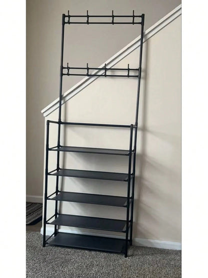 Senmeo 5-Tier Multifunctional Metal Shoe Rack, Storage Shelf, Coat And Shoe Organizer With 8 Double Hooks And 10 Shoe Covers, Suitable For Bedroom, Living Room,Entryway, And Office, Easy Assembly, Sho