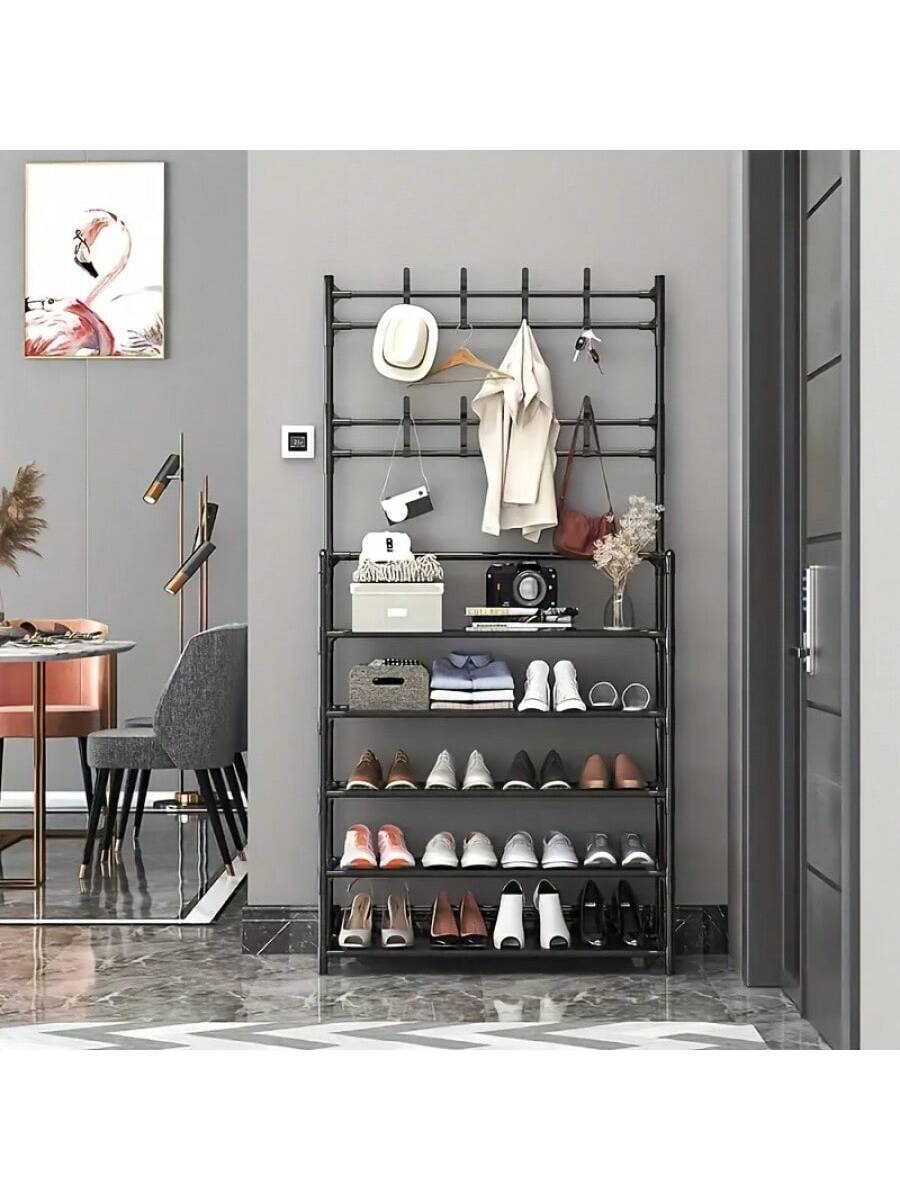 Senmeo 5-Tier Multifunctional Metal Shoe Rack, Storage Shelf, Coat And Shoe Organizer With 8 Double Hooks And 10 Shoe Covers, Suitable For Bedroom, Living Room,Entryway, And Office, Easy Assembly, Sho