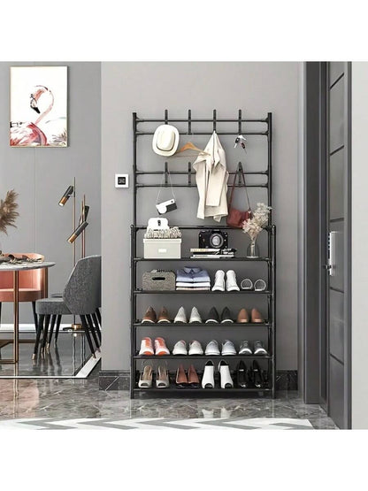 Senmeo 5-Tier Multifunctional Metal Shoe Rack, Storage Shelf, Coat And Shoe Organizer With 8 Double Hooks And 10 Shoe Covers, Suitable For Bedroom, Living Room,Entryway, And Office, Easy Assembly, Sho