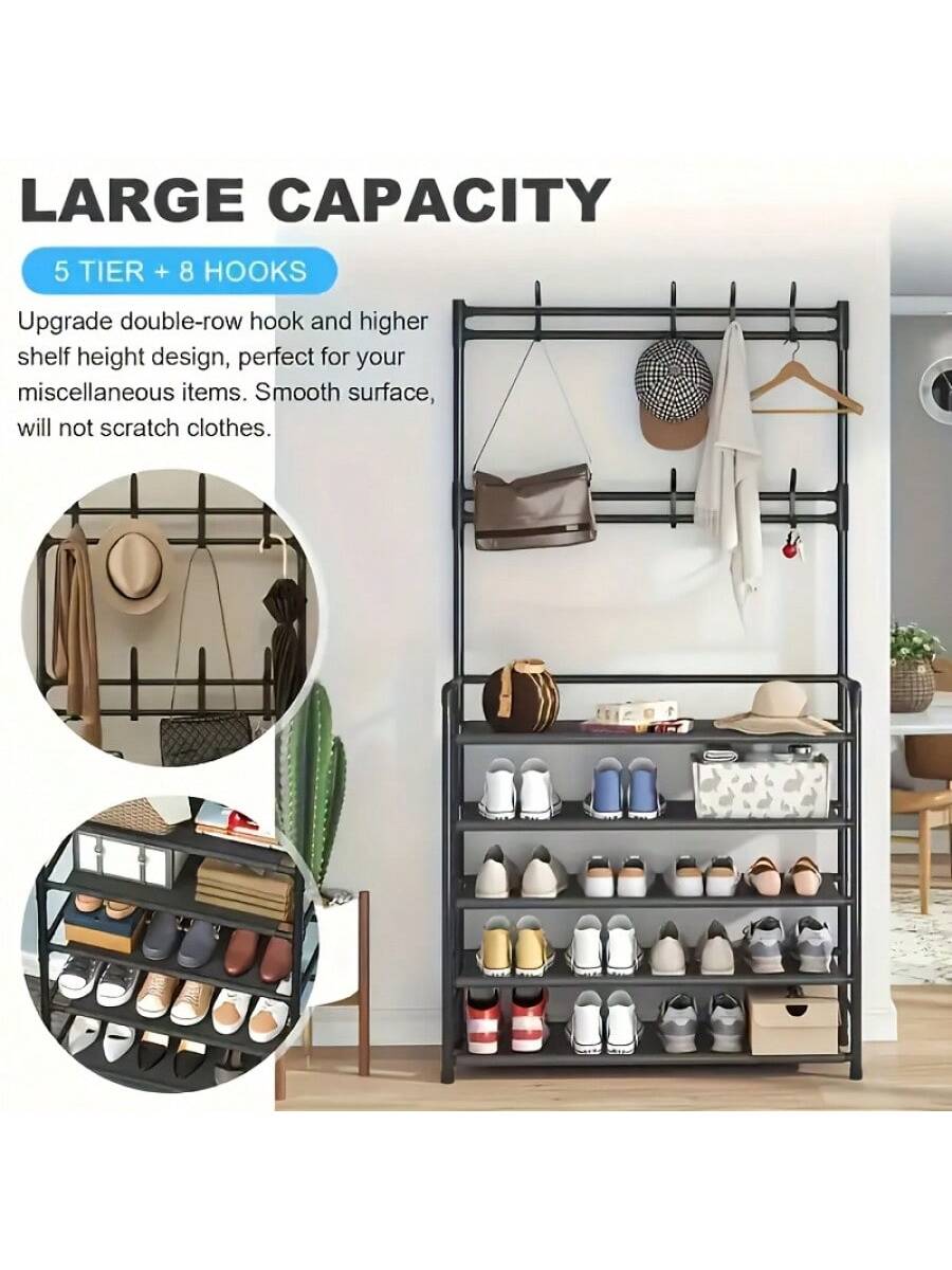 Senmeo 5-Tier Multifunctional Metal Shoe Rack, Storage Shelf, Coat And Shoe Organizer With 8 Double Hooks And 10 Shoe Covers, Suitable For Bedroom, Living Room,Entryway, And Office, Easy Assembly, Sho