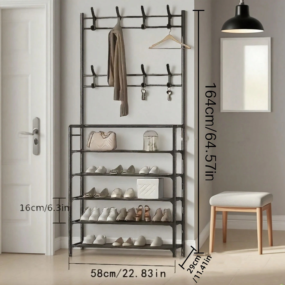 Senmeo 5-Tier Multifunctional Metal Shoe Rack, Storage Shelf, Coat And Shoe Organizer With 8 Double Hooks And 10 Shoe Covers, Suitable For Bedroom, Living Room,Entryway, And Office, Easy Assembly, Sho