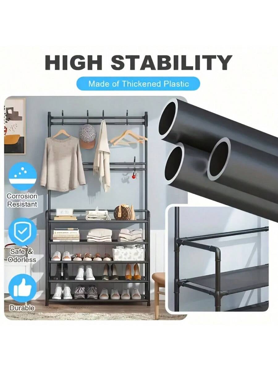 Senmeo 5-Tier Multifunctional Metal Shoe Rack, Storage Shelf, Coat And Shoe Organizer With 8 Double Hooks And 10 Shoe Covers, Suitable For Bedroom, Living Room,Entryway, And Office, Easy Assembly, Sho