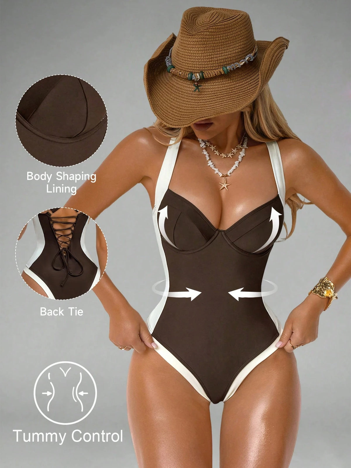 Shapewave Women's Tummy Control One-Piece Swimsuit With Side Splice, Push-Up, Slimming, Brown & Beige