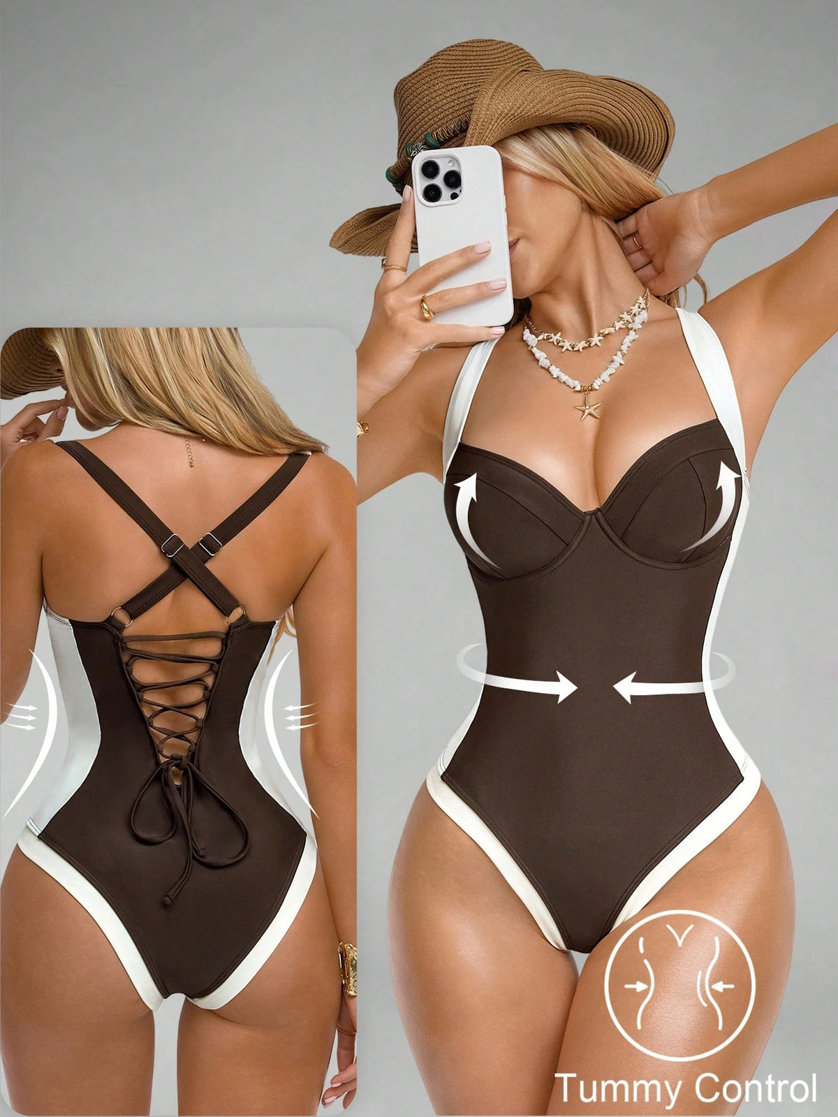 Shapewave Women's Tummy Control One-Piece Swimsuit With Side Splice, Push-Up, Slimming, Brown & Beige