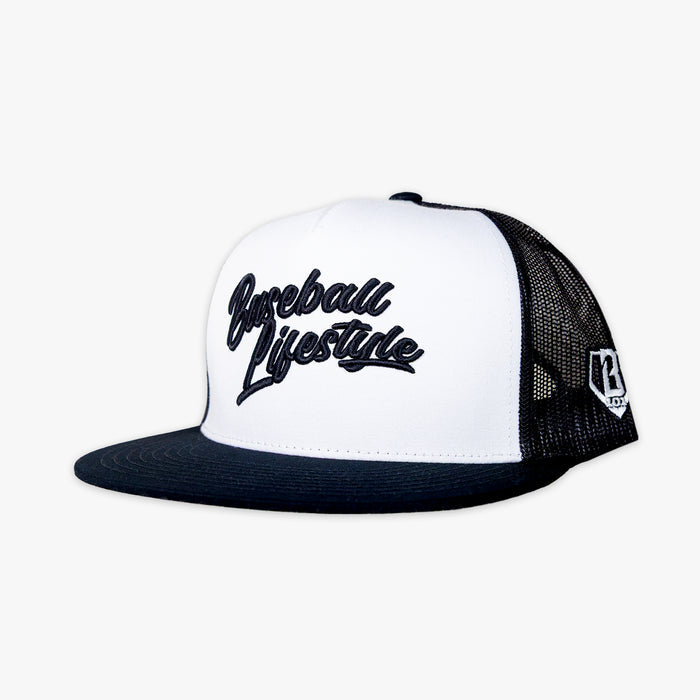 White and black cap with 'Freestyle Lifestyle' text on a white background
