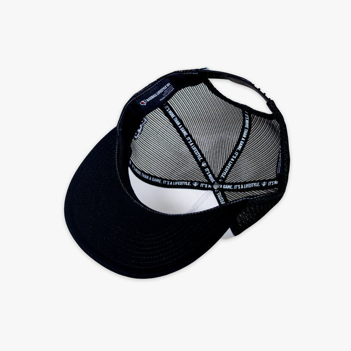 Black cap with white mesh back and Baseball Lifestyle tag on a white background
