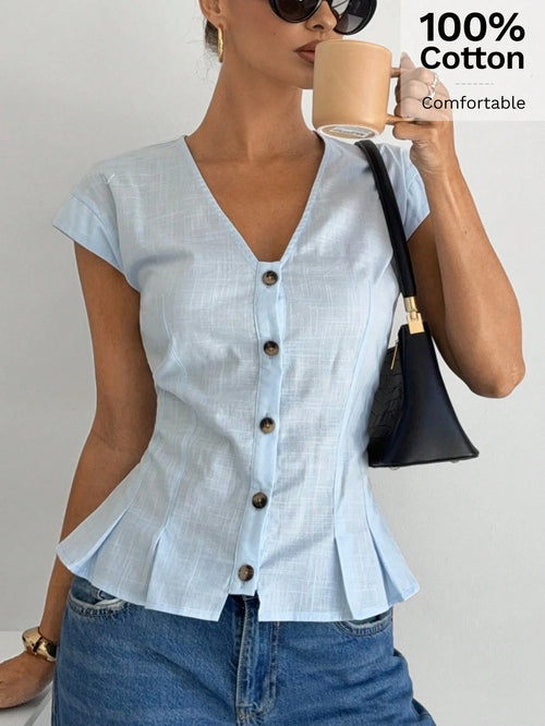 Siren Gaze Women's Light Blue Summer Elegant Brunch Blouse,V-Neck Button-Front Pleated Hem Short Sleeve Top, Linen Office Business Casual Stylish Shirt