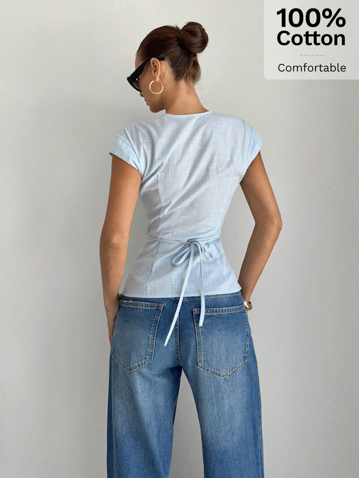 Siren Gaze Women's Light Blue Summer Elegant Brunch Blouse,V-Neck Button-Front Pleated Hem Short Sleeve Top, Linen Office Business Casual Stylish Shirt
