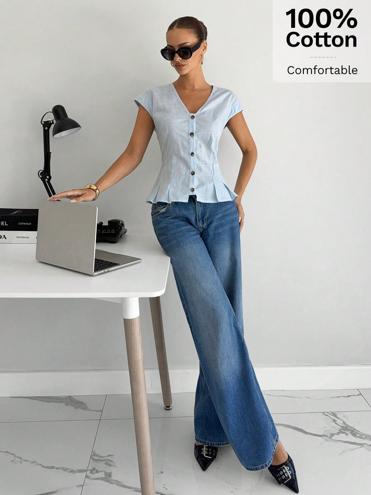 Siren Gaze Women's Light Blue Summer Elegant Brunch Blouse,V-Neck Button-Front Pleated Hem Short Sleeve Top, Linen Office Business Casual Stylish Shirt