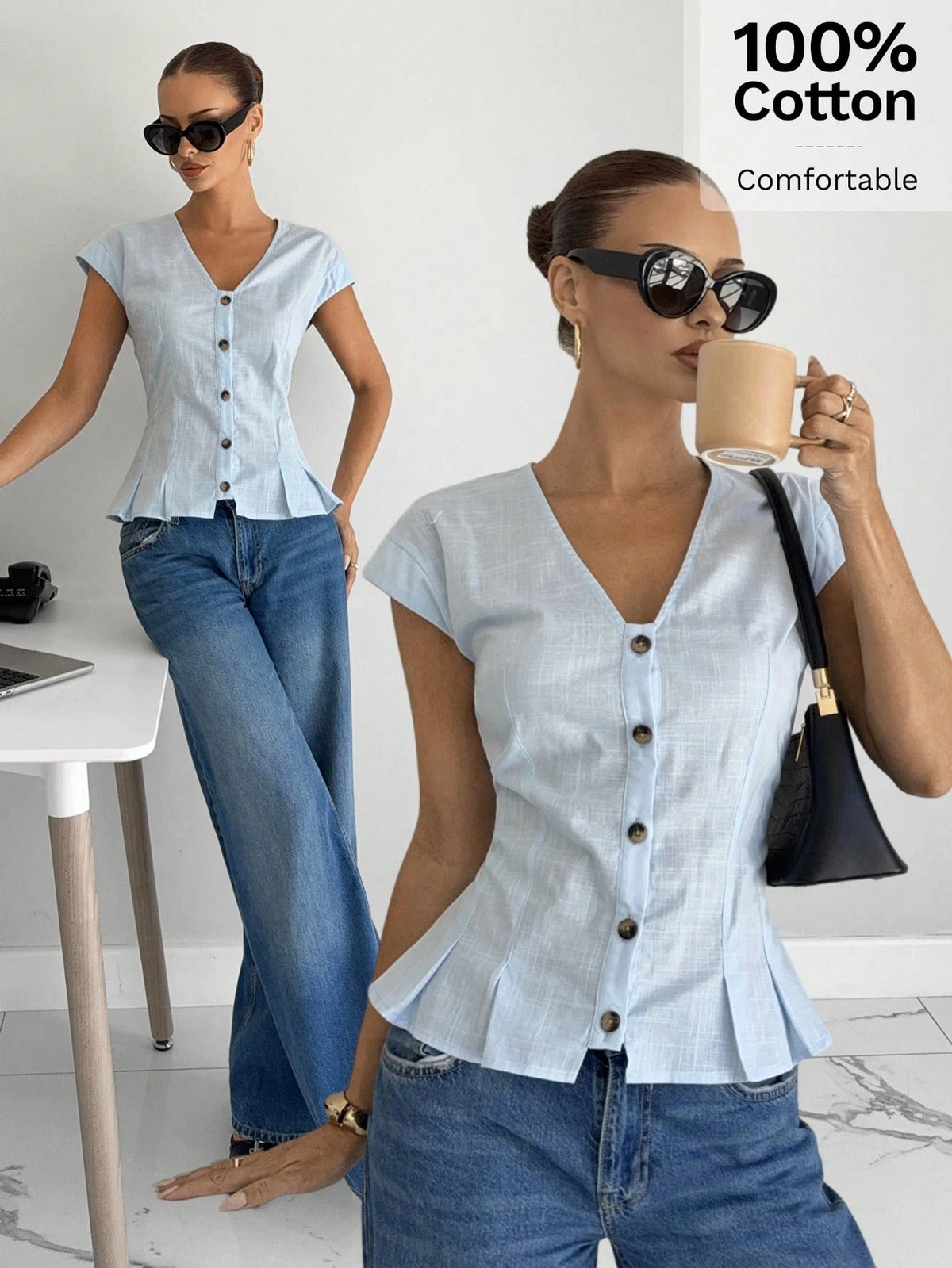 Siren Gaze Women's Light Blue Summer Elegant Brunch Blouse,V-Neck Button-Front Pleated Hem Short Sleeve Top, Linen Office Business Casual Stylish Shirt