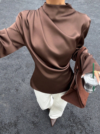 Siren Gaze Women's Satin Draped Long Sleeve Shirt, Coffee Brown Elegant Blouse For Autumn Office, Lapel Collar Formal Top, Chocolate Brown Modest Tops
