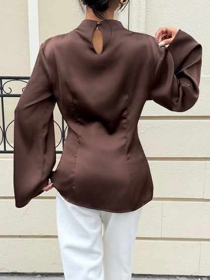 Siren Gaze Women's Satin Draped Long Sleeve Shirt, Coffee Brown Elegant Blouse For Autumn Office, Lapel Collar Formal Top, Chocolate Brown Modest Tops